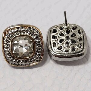 Vintage Designer Style Two-Tone Cable Stud Earrings Cushion Cut Clear Stone